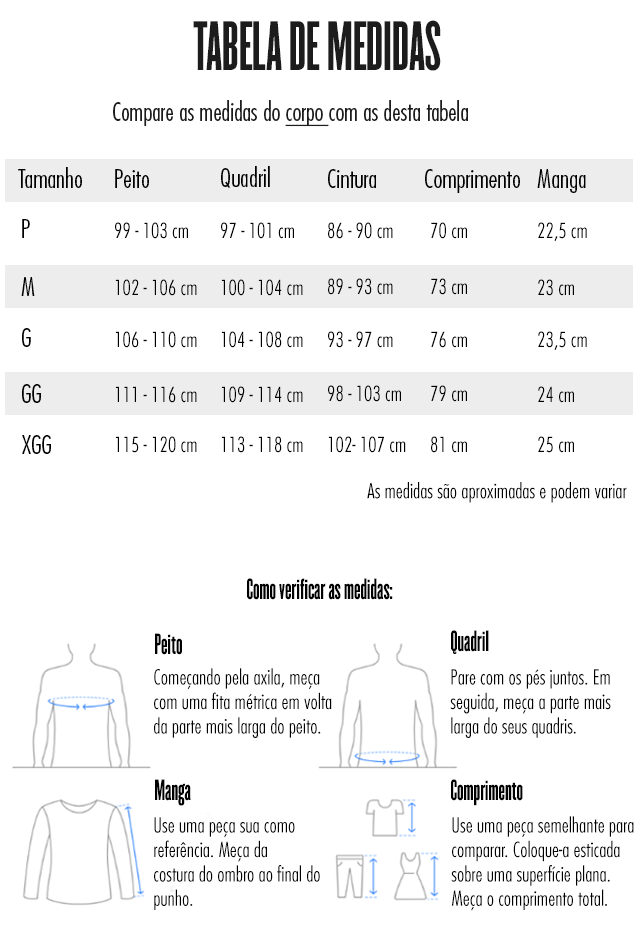 tabela de medidas camisa